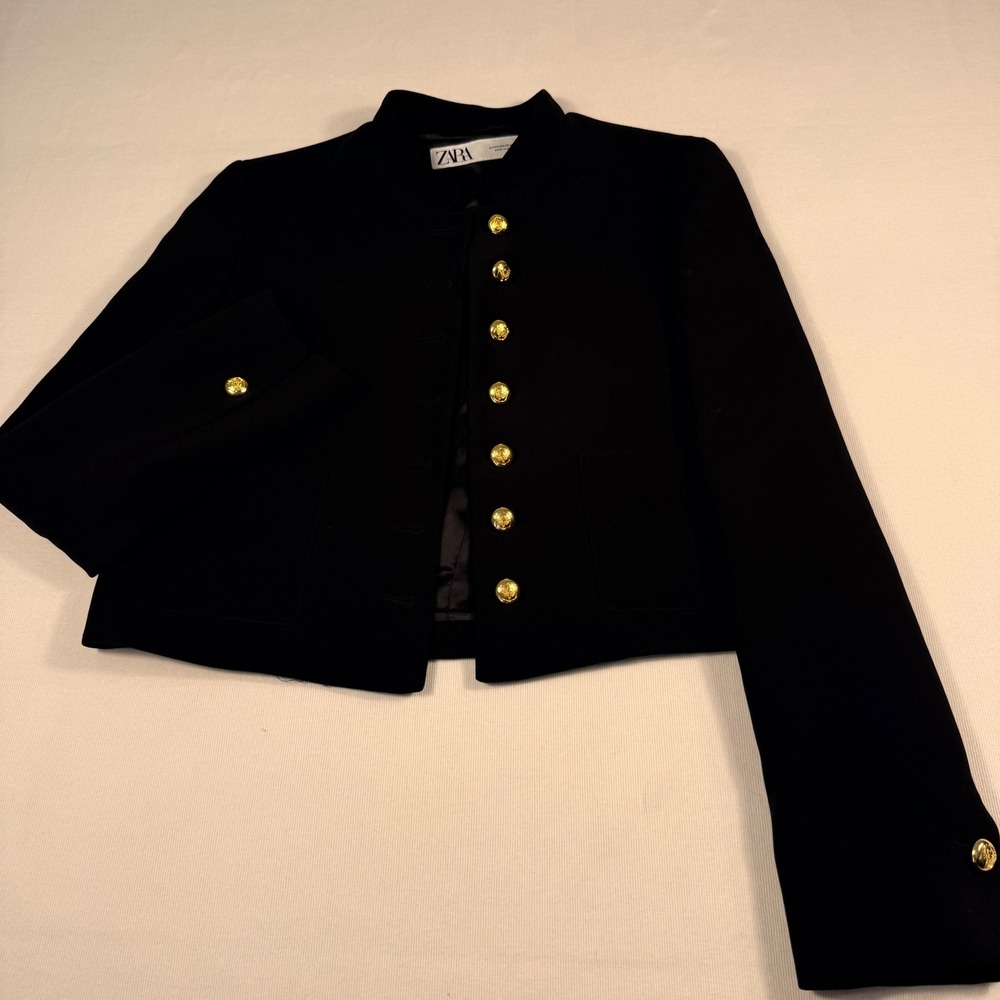 Zara Cropped Military Jacket XS Black Gold Button Blazer equestrian Dark Academi - Picture 15 of 16